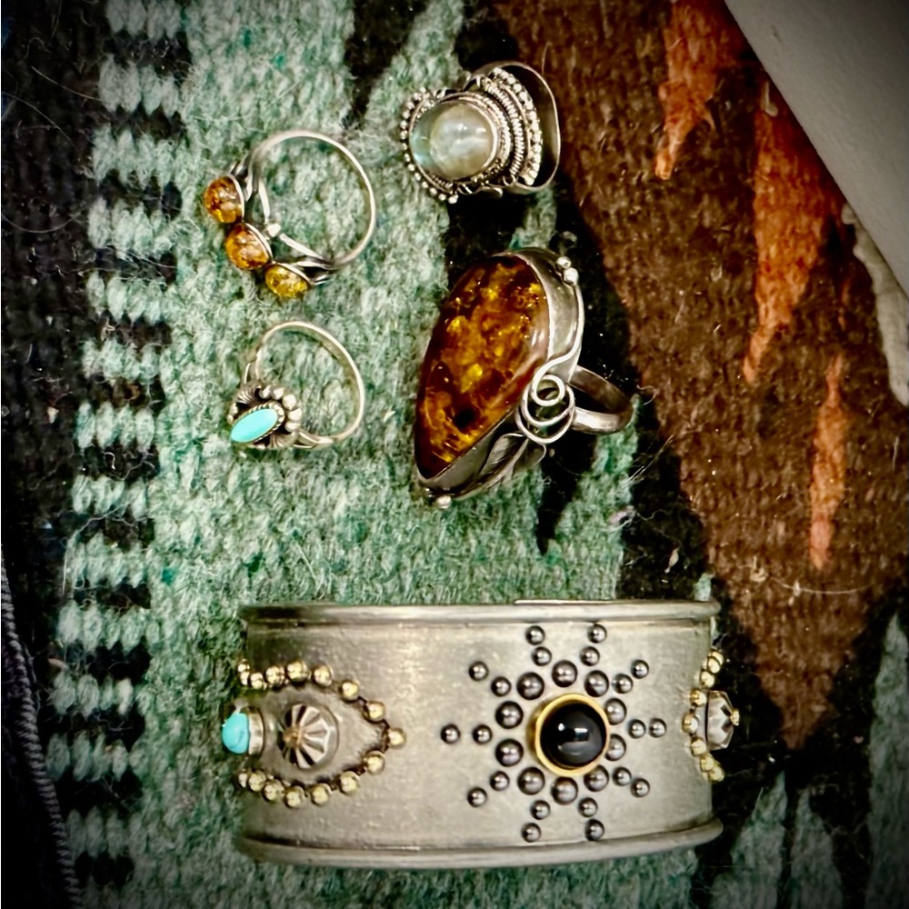 Triple Green Amber Silver Ring - image 5